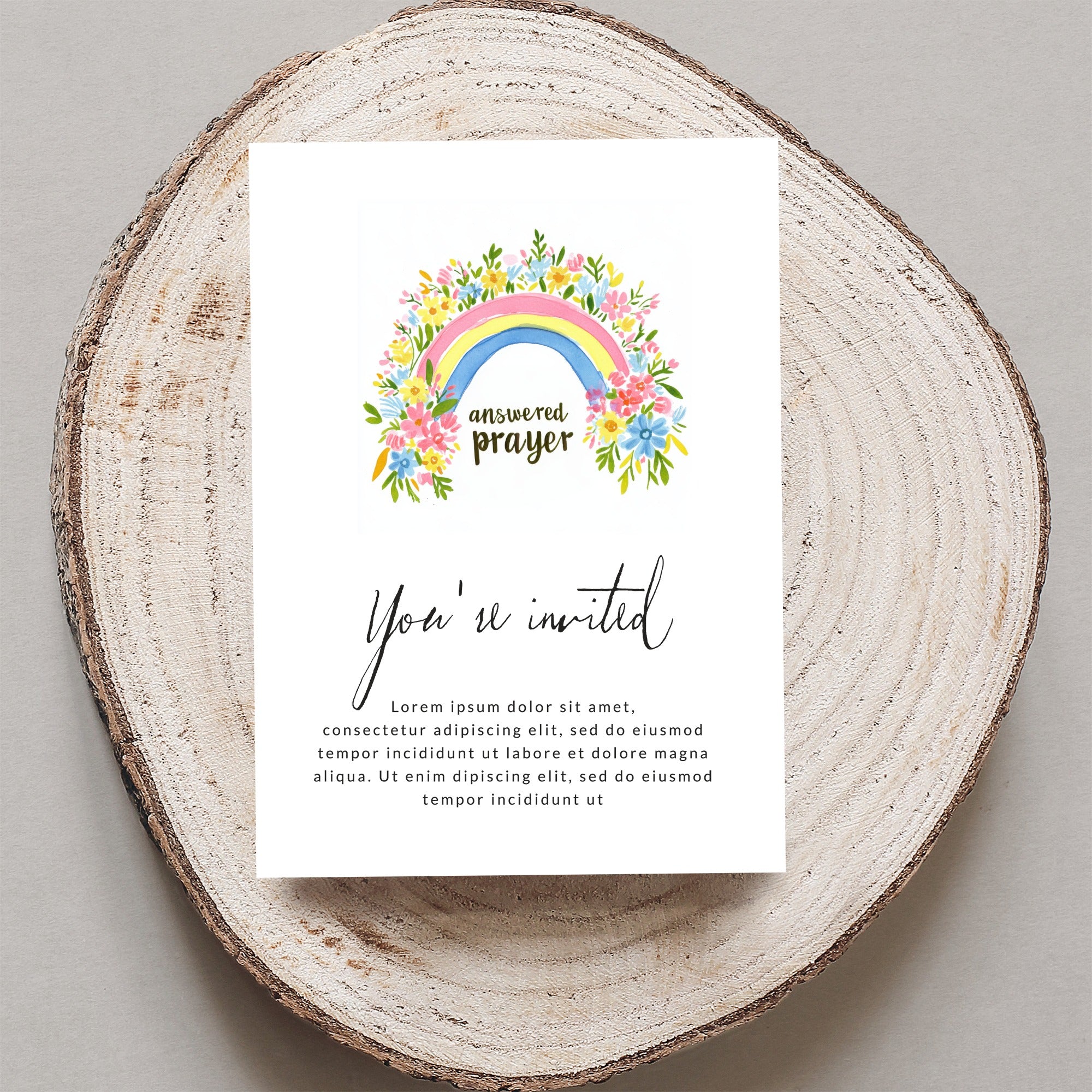 Invitation with rainbow, "answered prayer," and "you're invited" text.