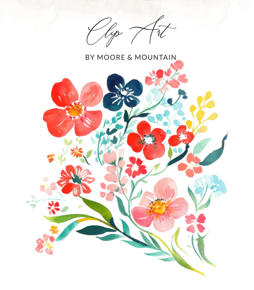 Watercolor floral bouquet with "Clip Art BY MOORE & MOUNTAIN" text.