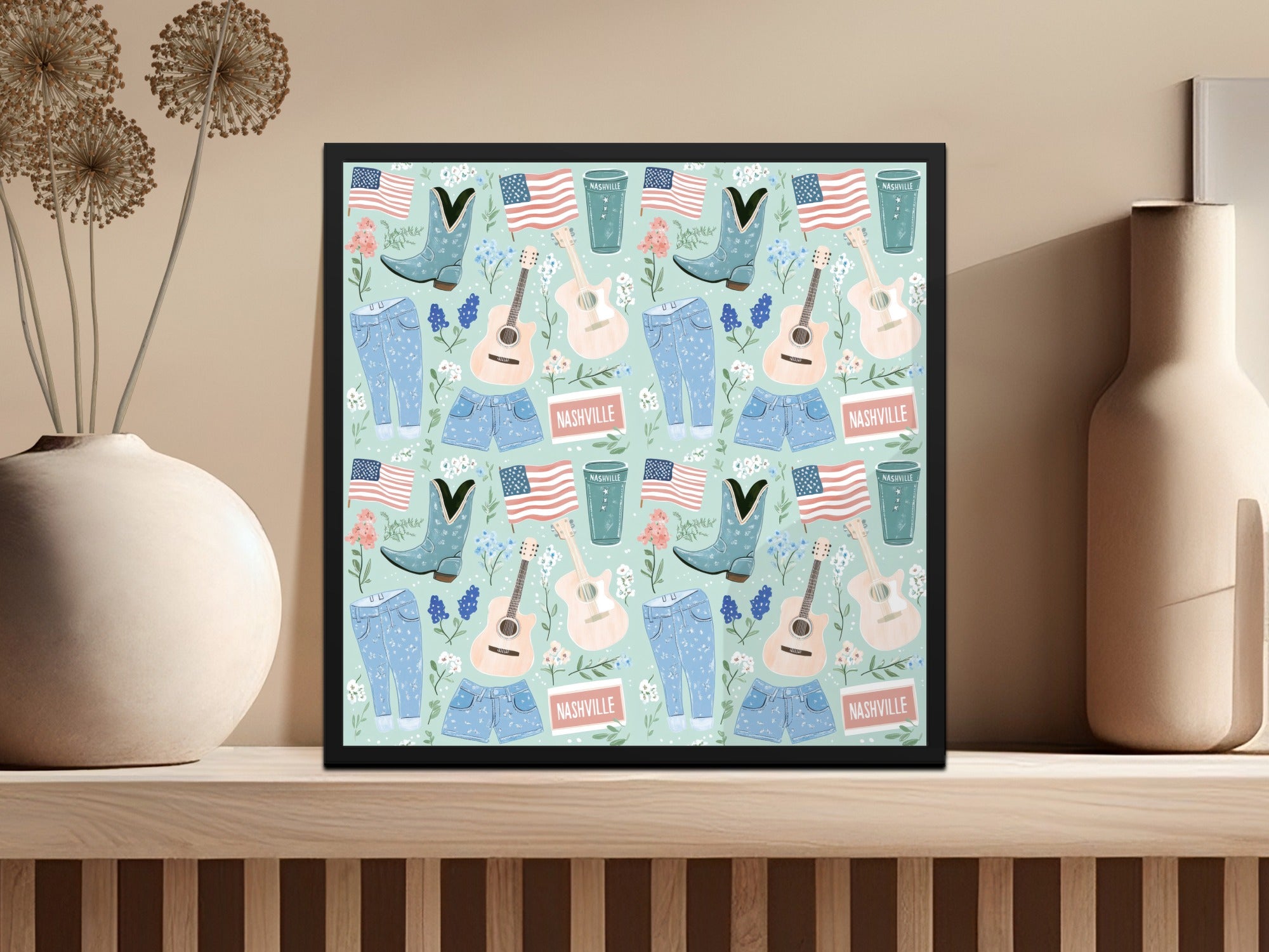 Vibrant Nashville Themed Print with Guitars and Flags