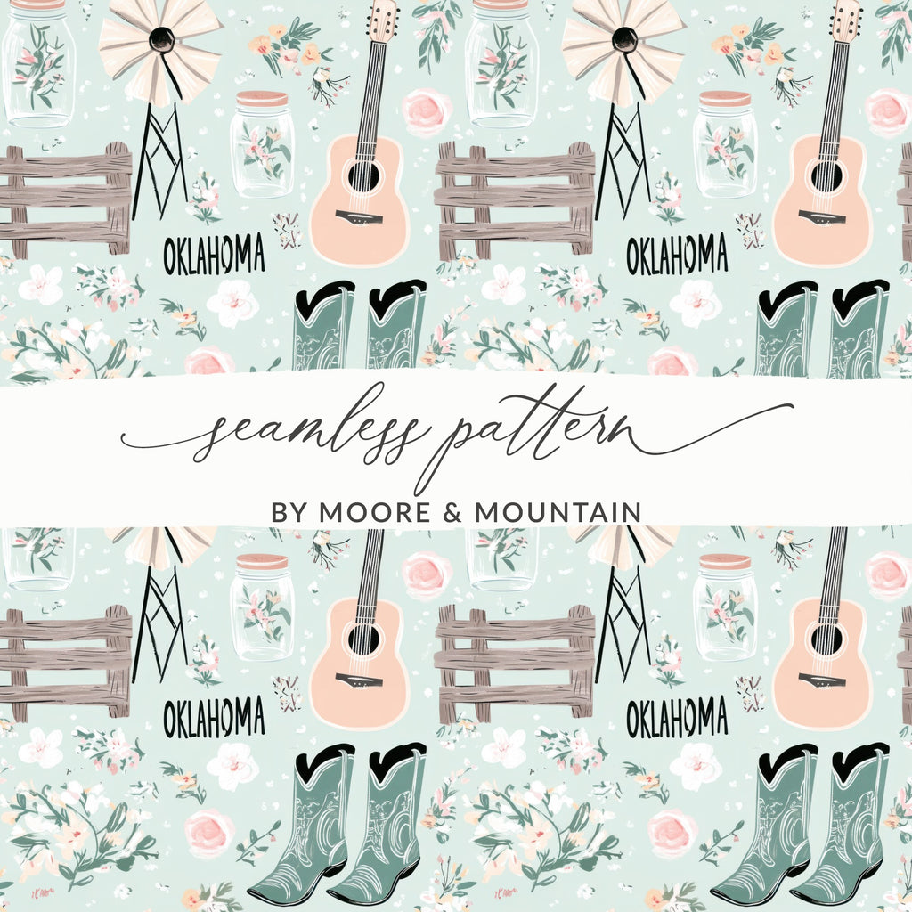 Oklahoma Country Music Floral Mason Jar Seamless Pattern