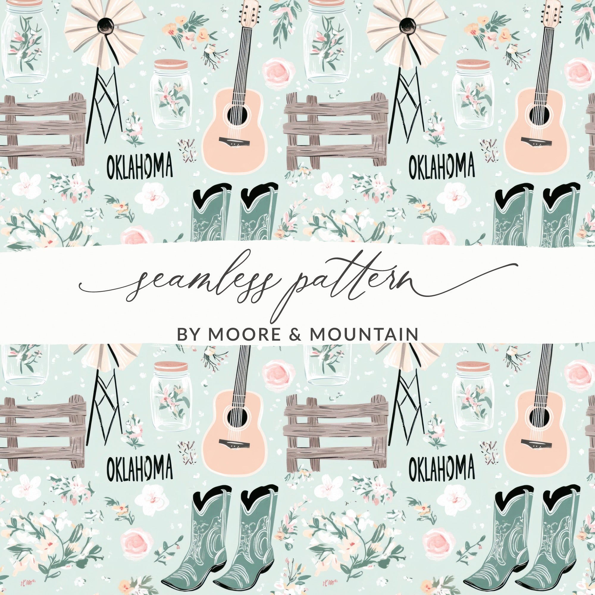 Oklahoma Country Music Floral Mason Jar Seamless Pattern