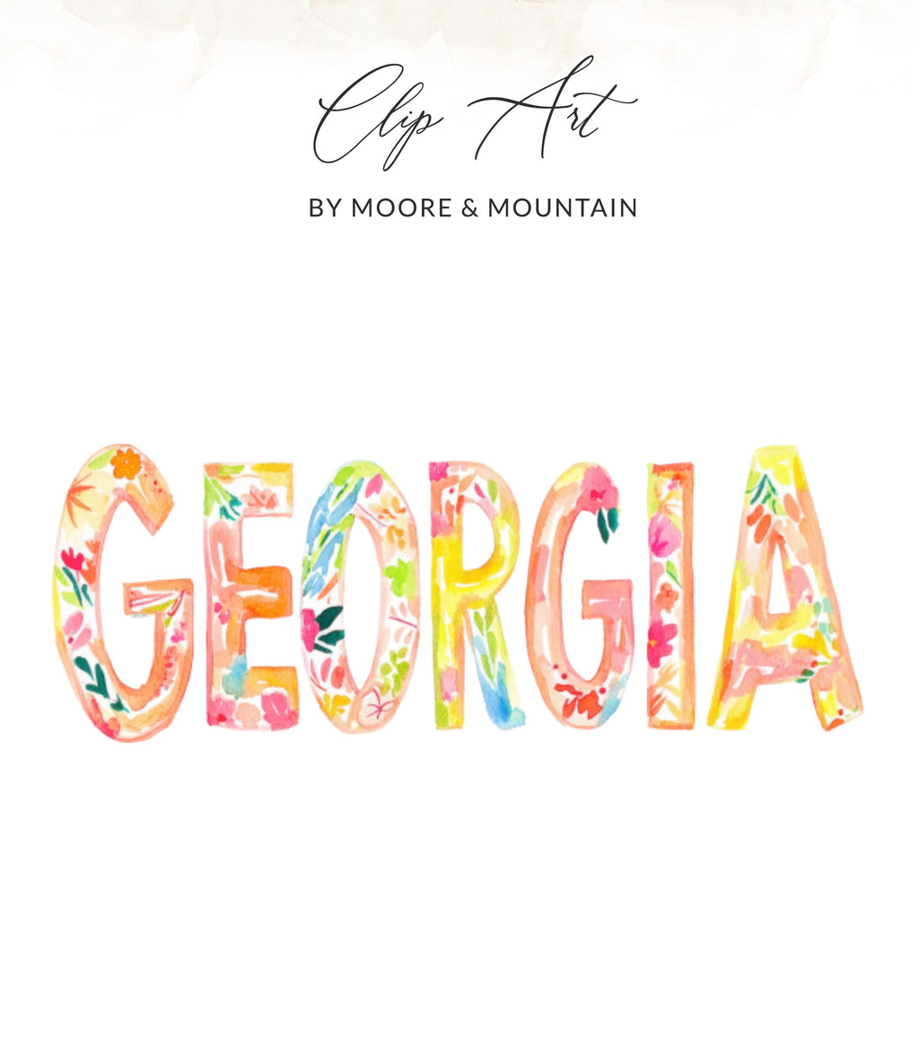 "GEORGIA" in colorful watercolor letters with floral accents.