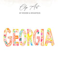 "GEORGIA" in colorful watercolor letters with floral accents.