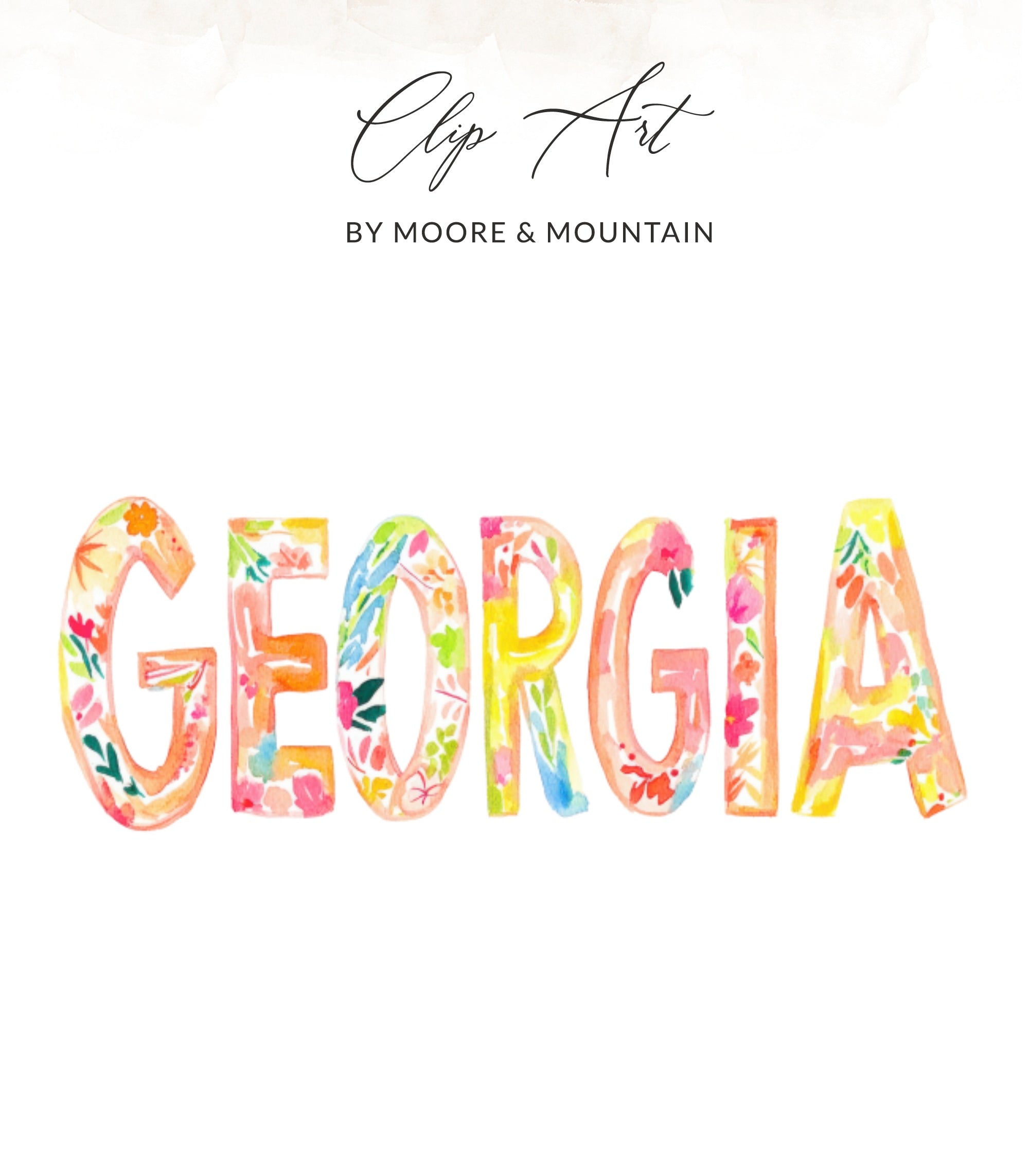 "GEORGIA" in colorful watercolor letters with floral accents.