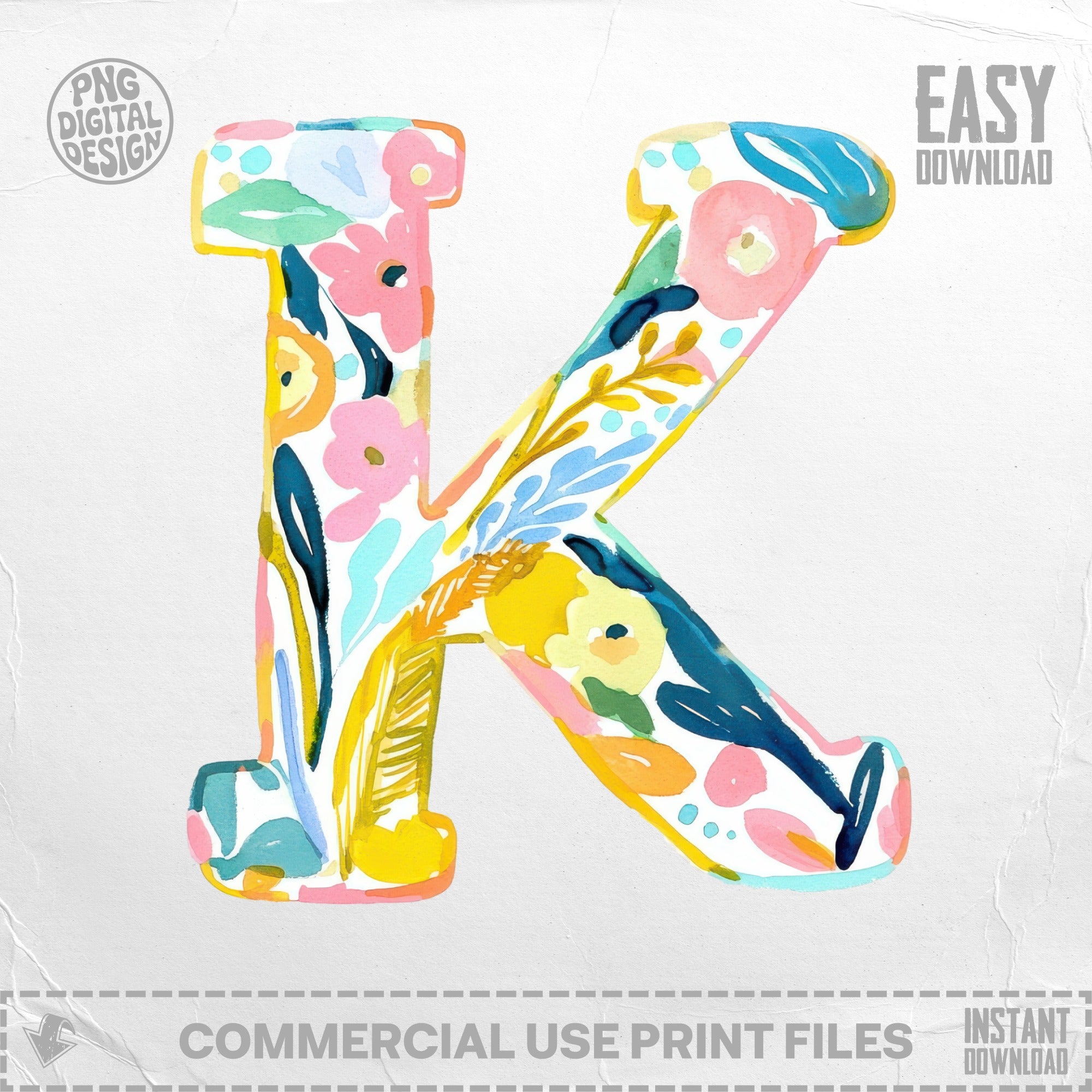 Floral letter K with watercolor brushstrokes and "Easy Download" text.