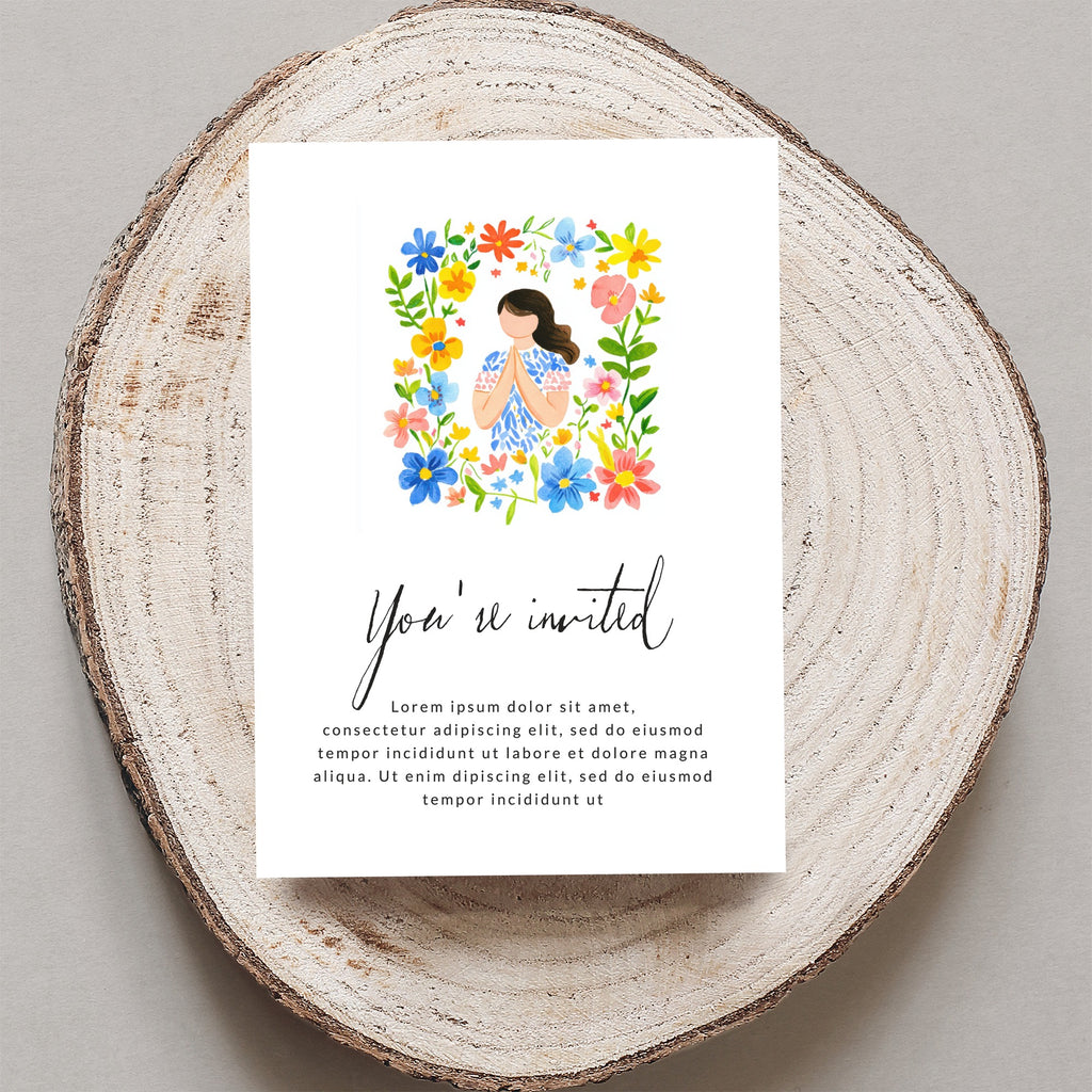 Invitation with watercolor illustration of a person holding hands, text says "You're invited".