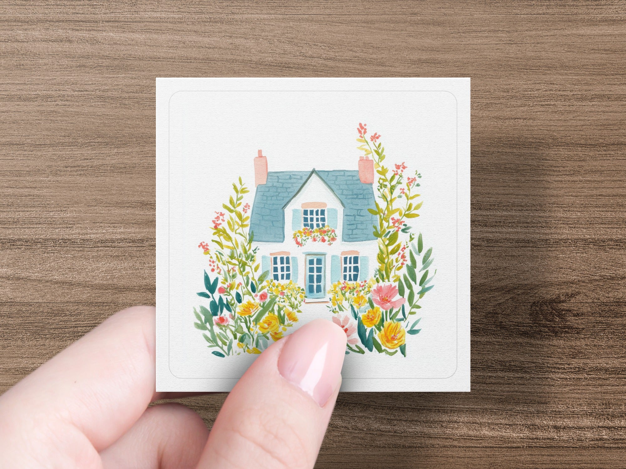 Watercolor cottage illustration with flowers and greenery, held by a hand.
