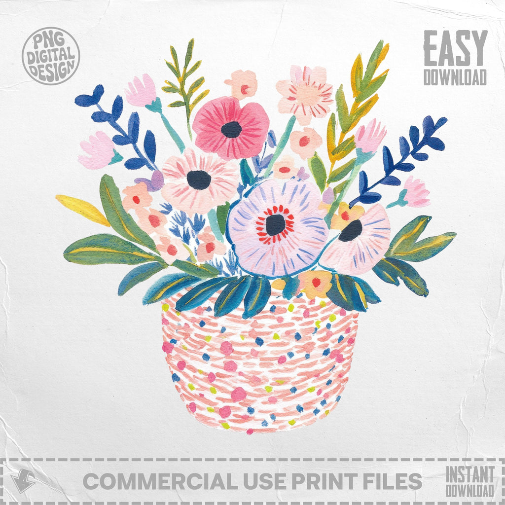 Watercolor floral arrangement in a woven basket, with "Easy Download" and "Commercial Use Print Files" text.
