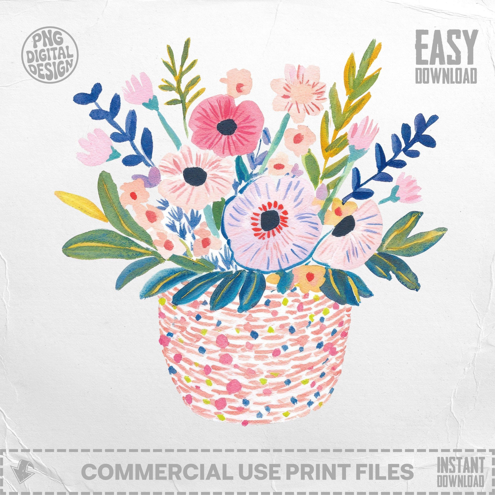 Watercolor floral arrangement in a woven basket, with "Easy Download" and "Commercial Use Print Files" text.