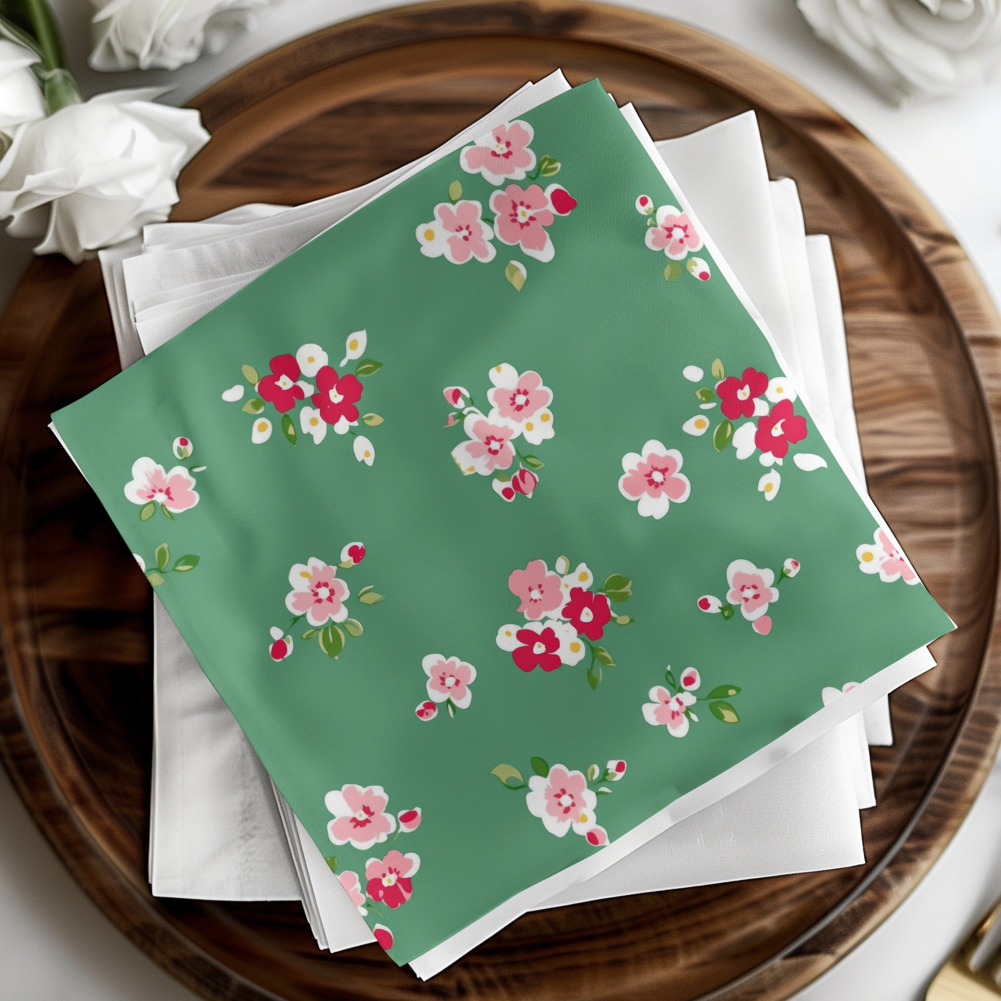 Floral Green and Pink Napkins with Elegant Blossom Patterns