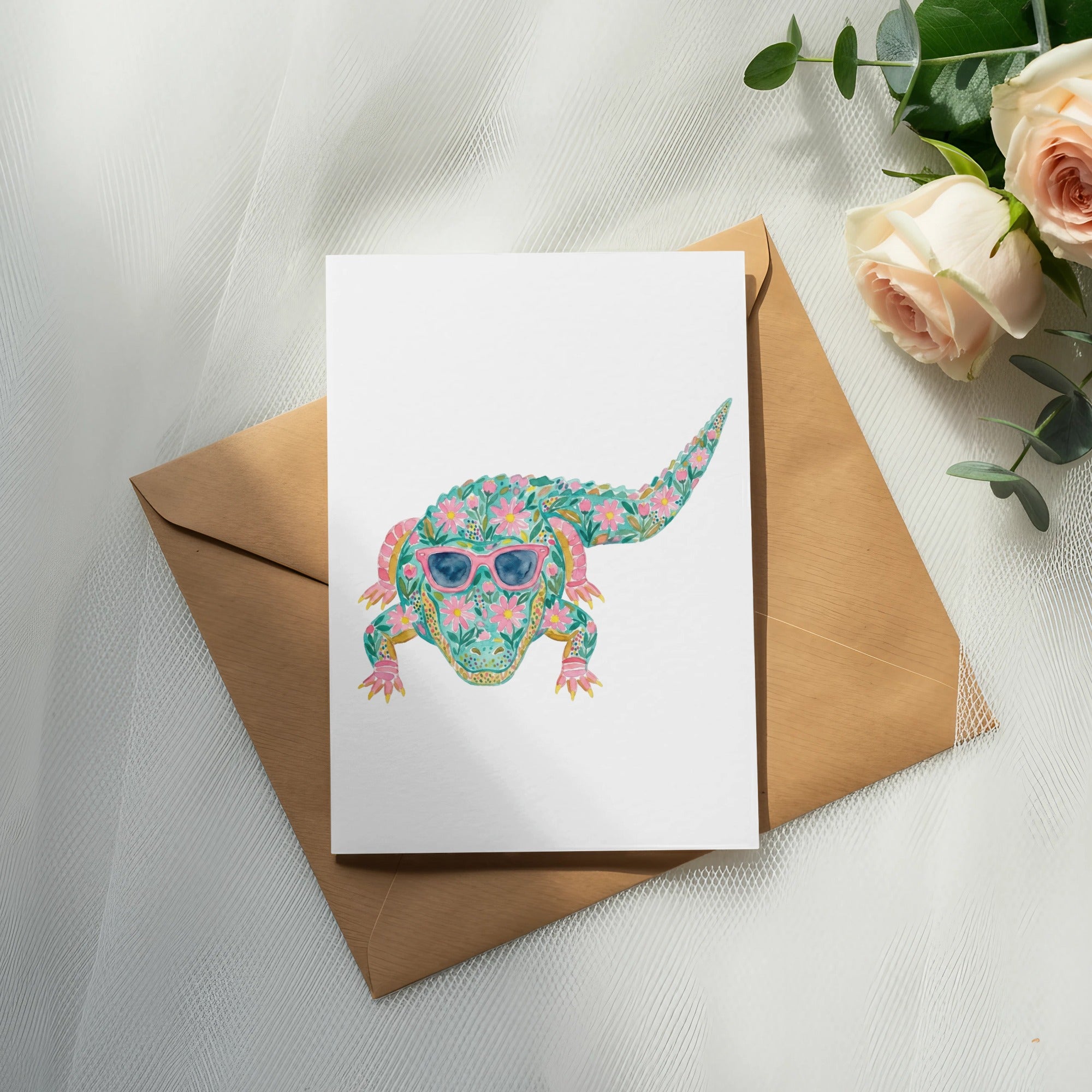 Card featuring a colorful alligator in sunglasses with floral patterns.