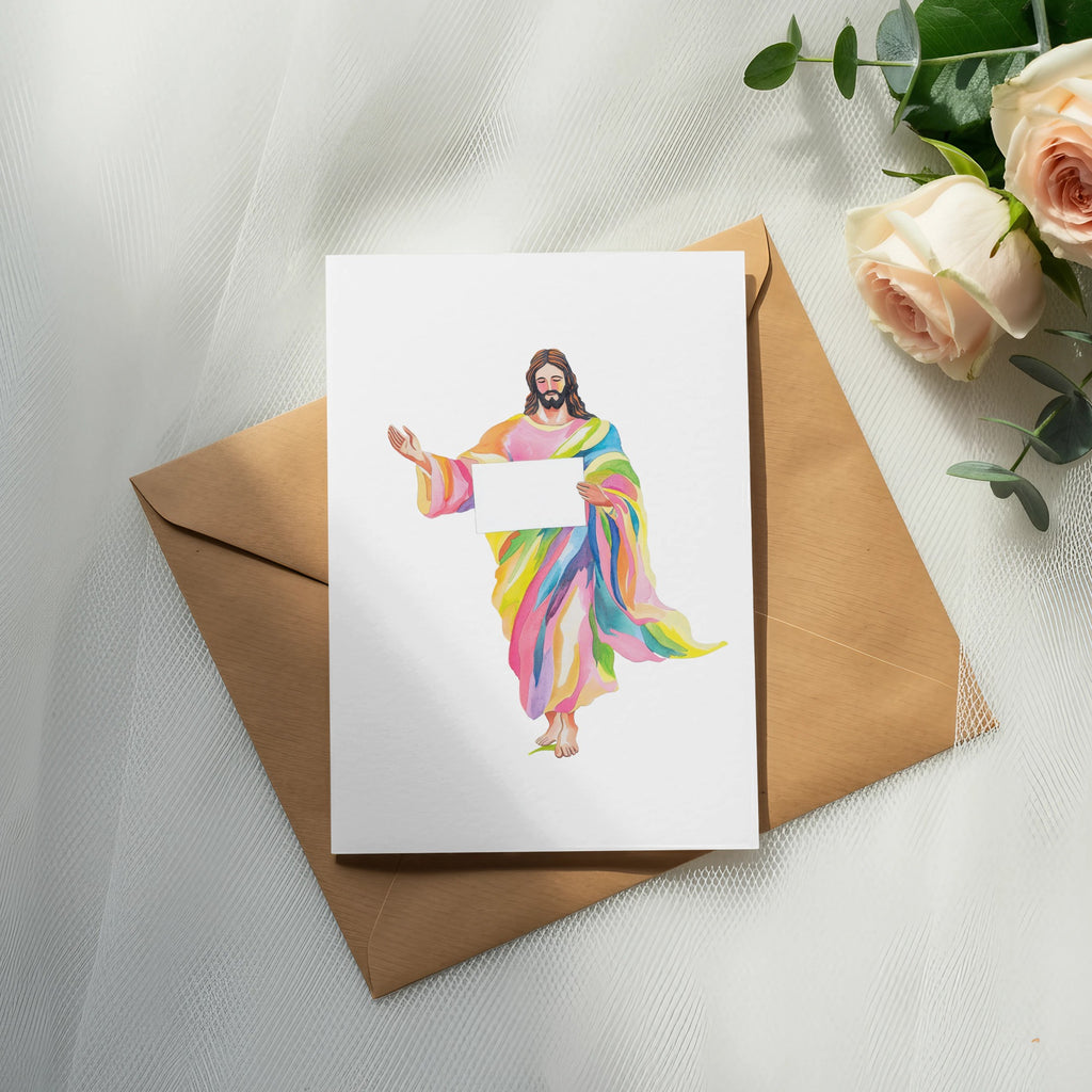 Jesus in colorful robe holds blank sign on a card, with roses and eucalyptus.