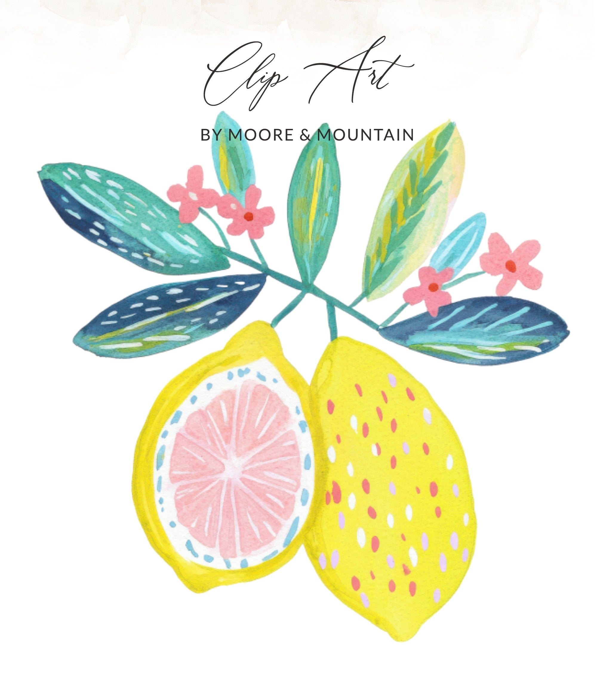 Two watercolor lemons, one sliced, with pink flowers and green leaves.