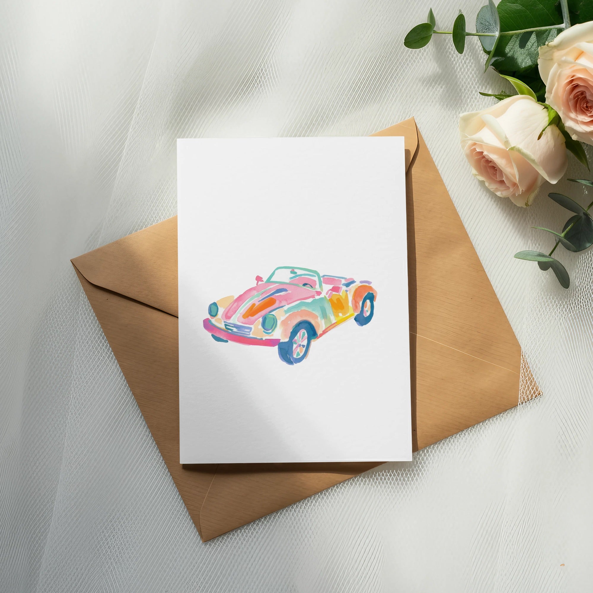 Watercolor illustration of a colorful retro convertible car on a card.