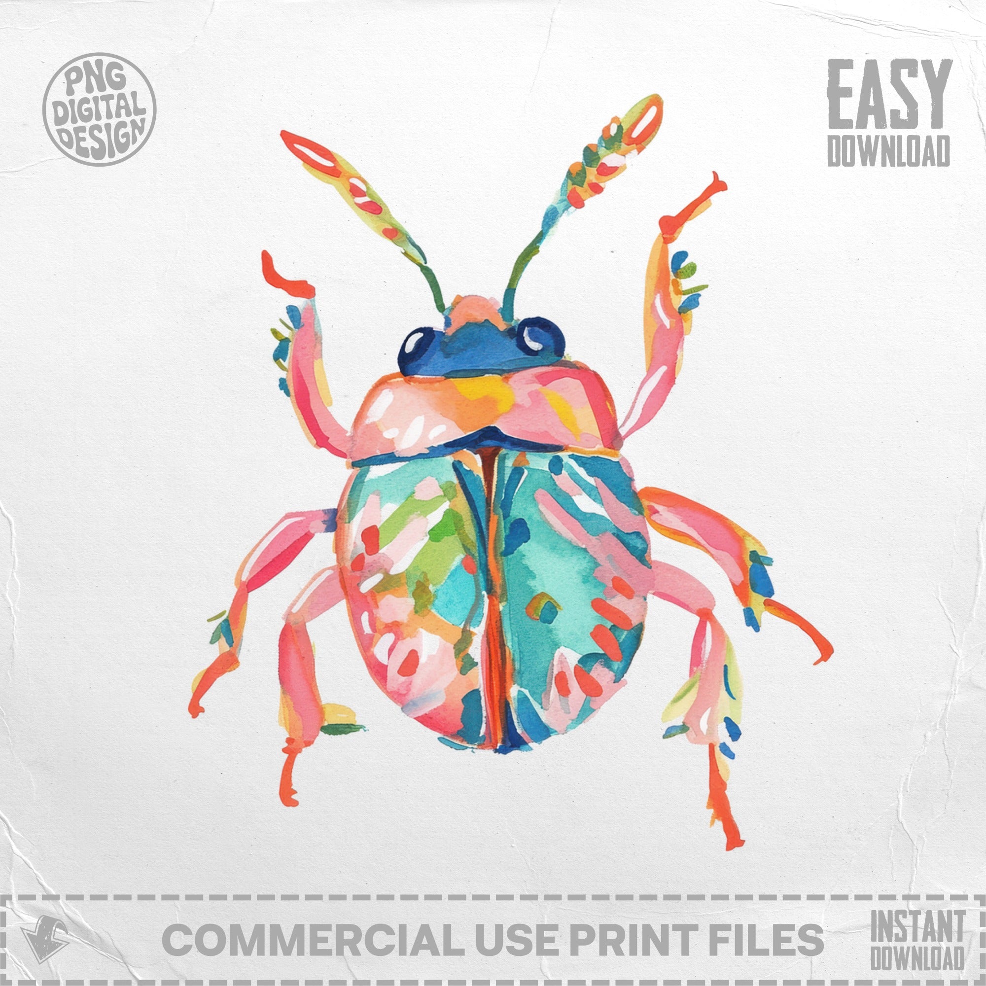 Watercolor illustration of a colorful beetle with "EASY DOWNLOAD" text.