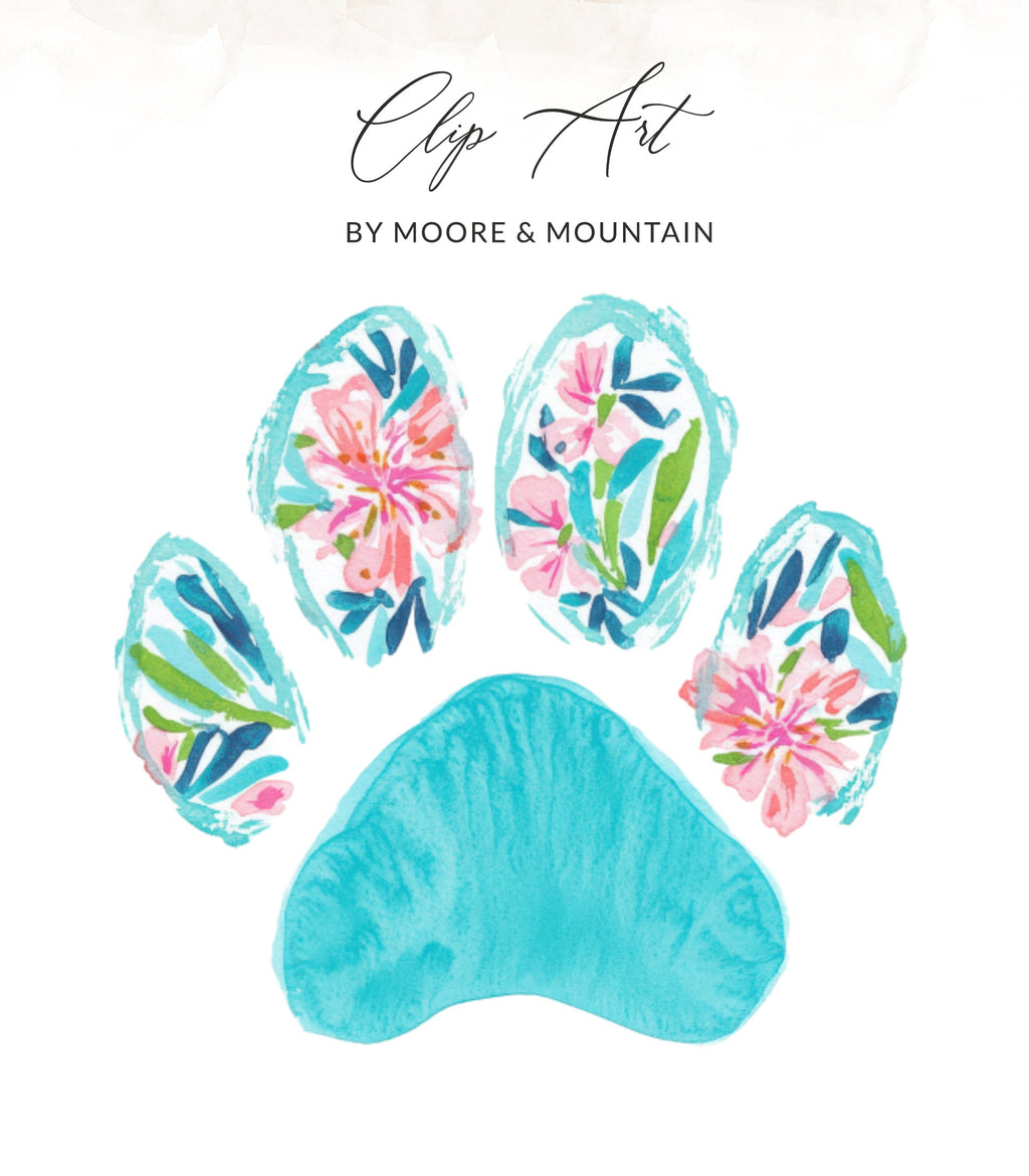 Watercolor paw print with floral accents, text "Clip Art BY MOORE & MOUNTAIN".