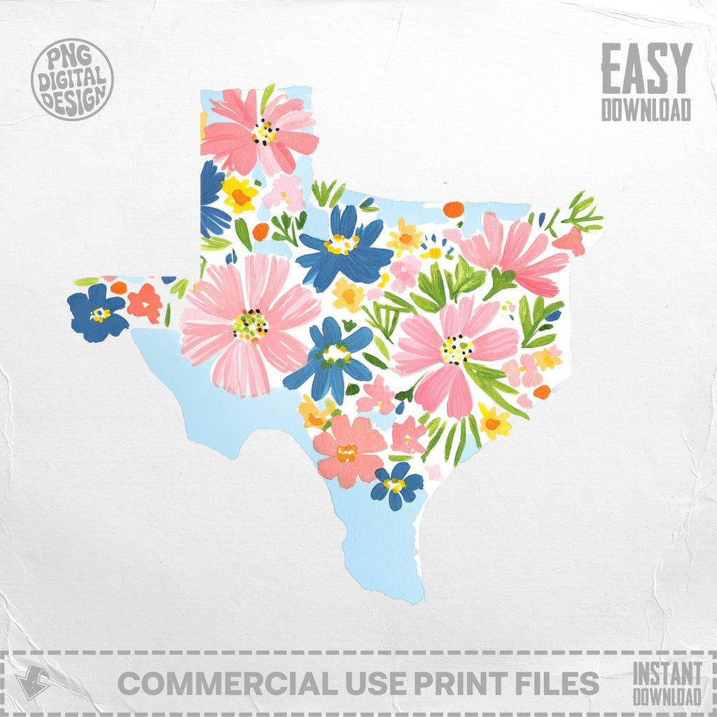 Texas outline filled with colorful floral illustrations and "EASY DOWNLOAD" text.
