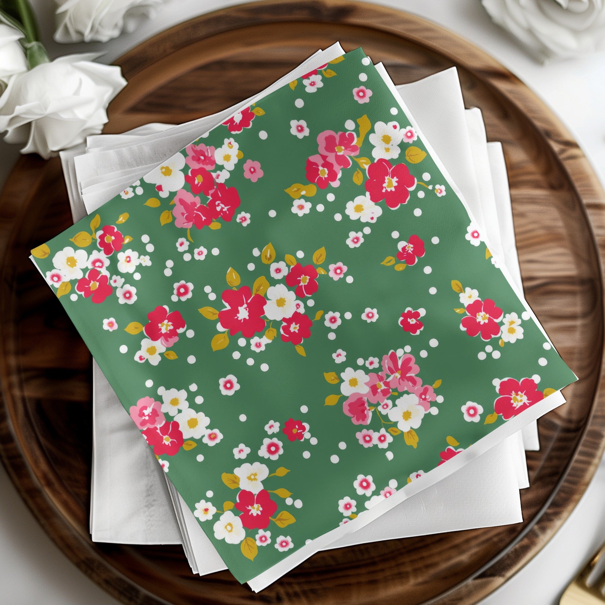 Vibrant Floral Design Napkins Green Background Pattern