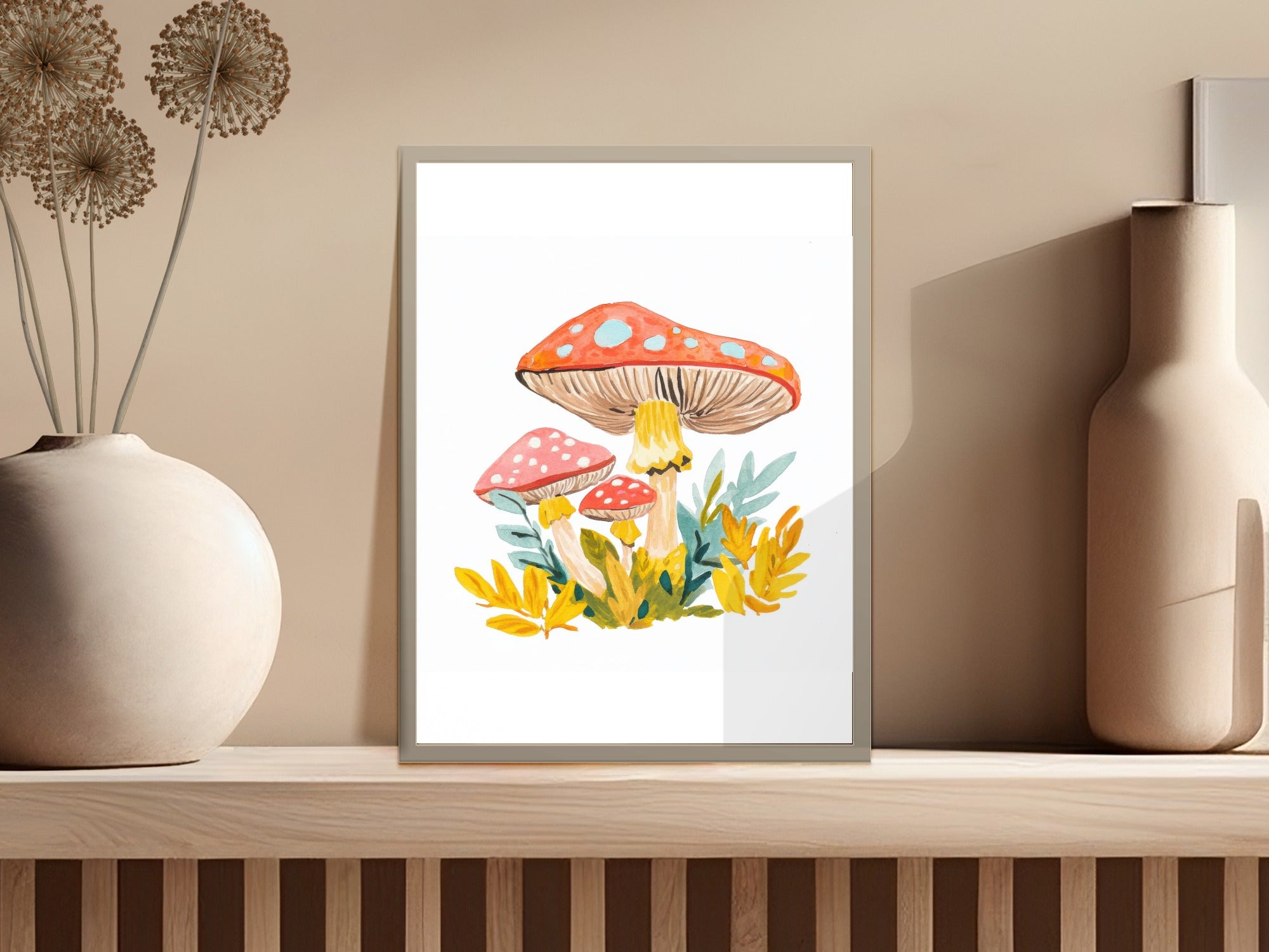 Watercolor painting of three orange-capped mushrooms with yellow and blue foliage.