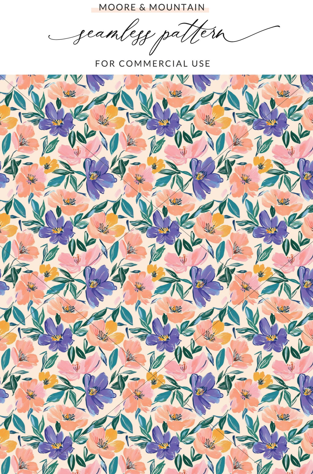 Floral pattern with purple, pink, and orange flowers and green leaves.