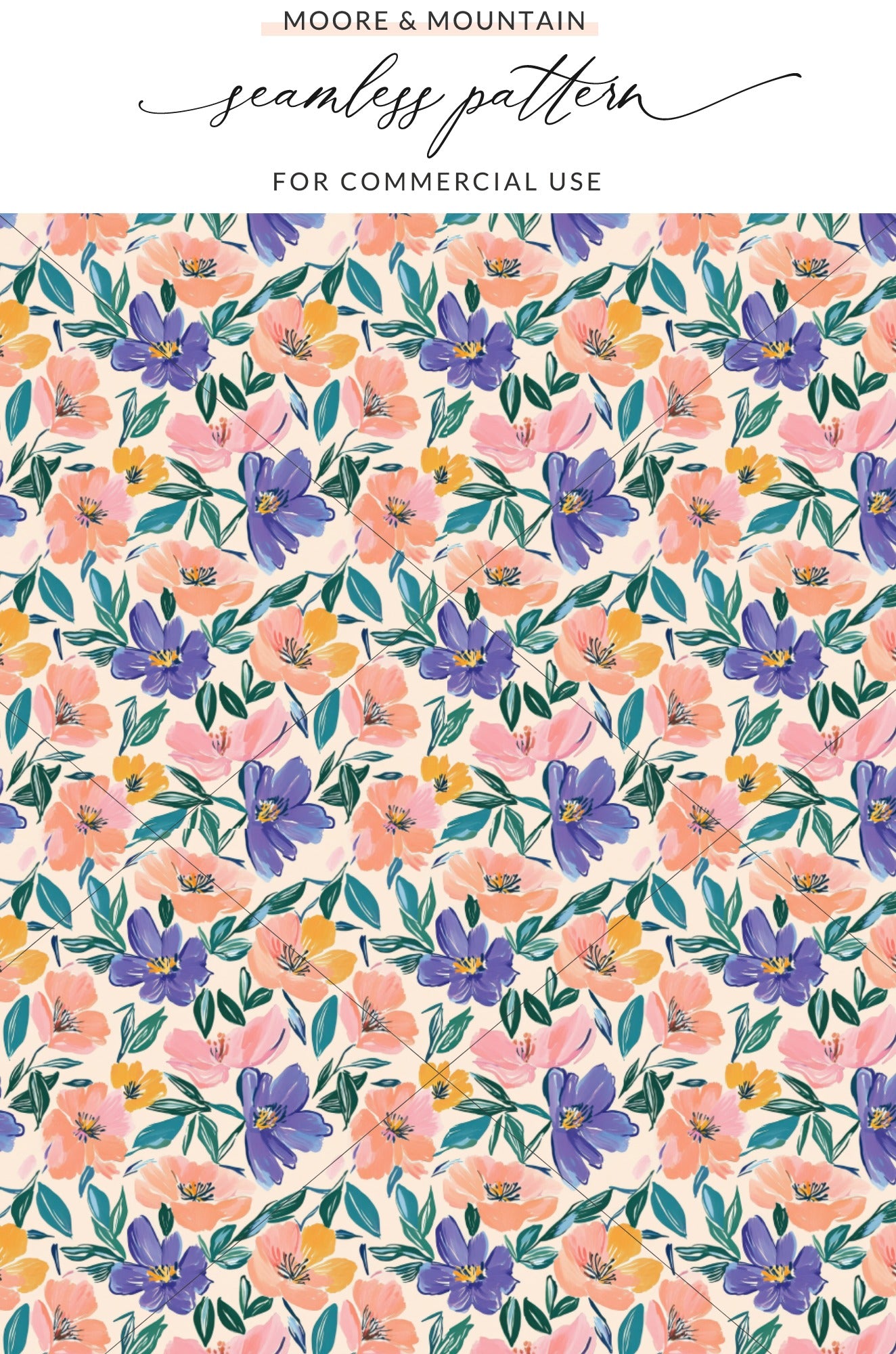 Floral pattern with purple, pink, and orange flowers and green leaves.