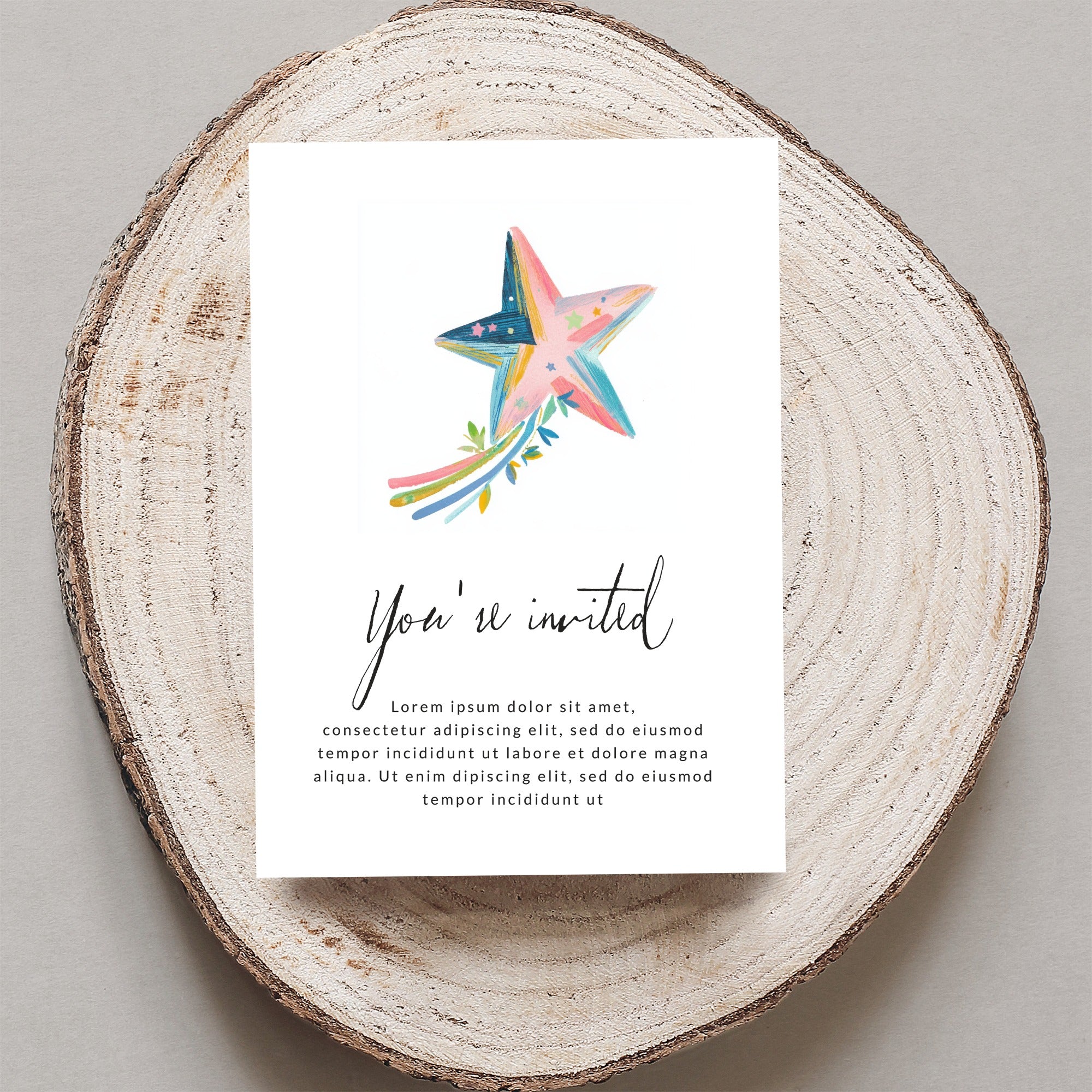 Invitation with watercolor star and "You're invited" text.