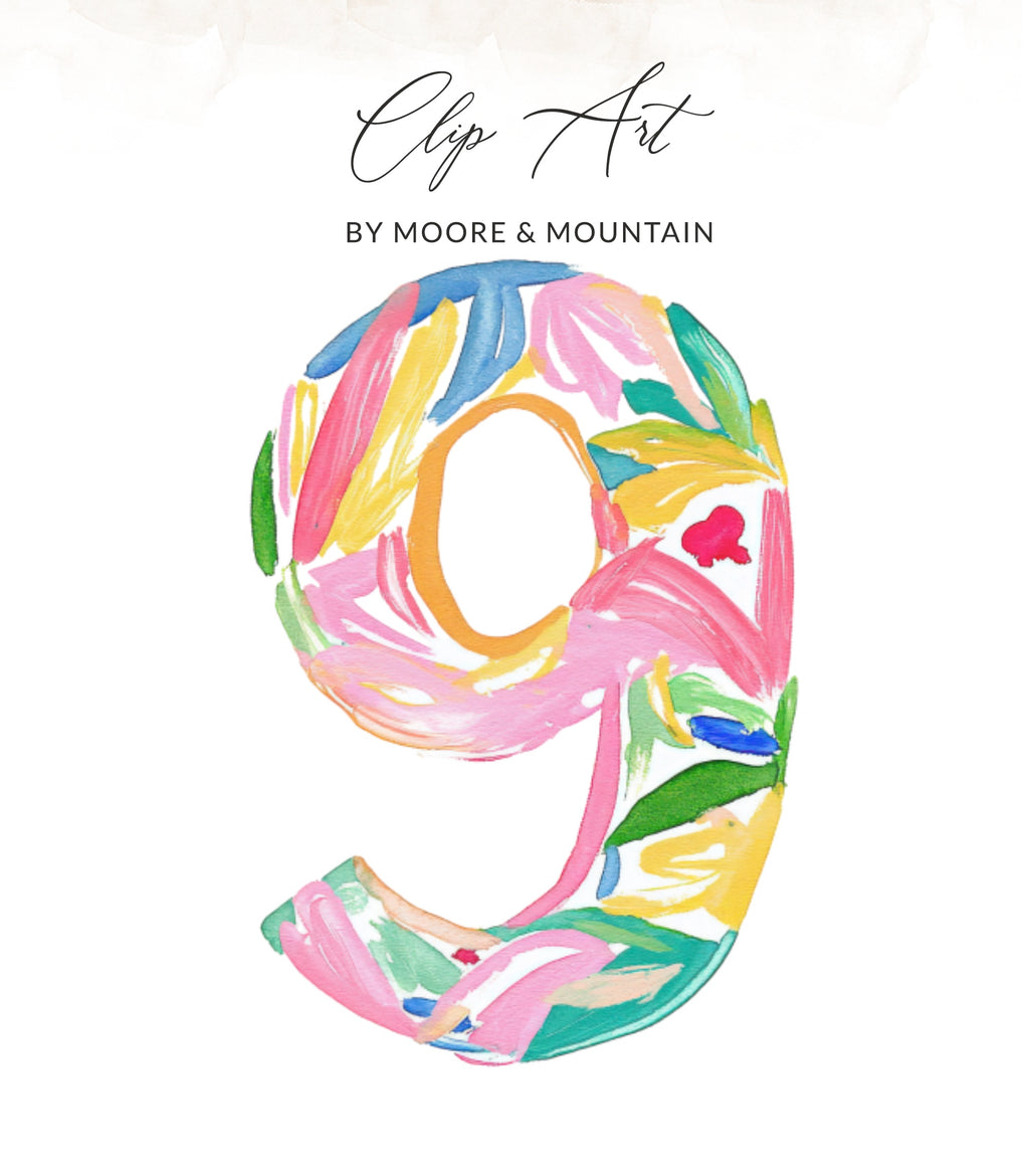 Clip Art number nine with colorful floral brushstrokes.