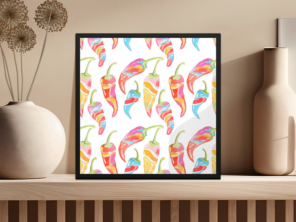 Colorful watercolor chili peppers pattern in a black frame.
