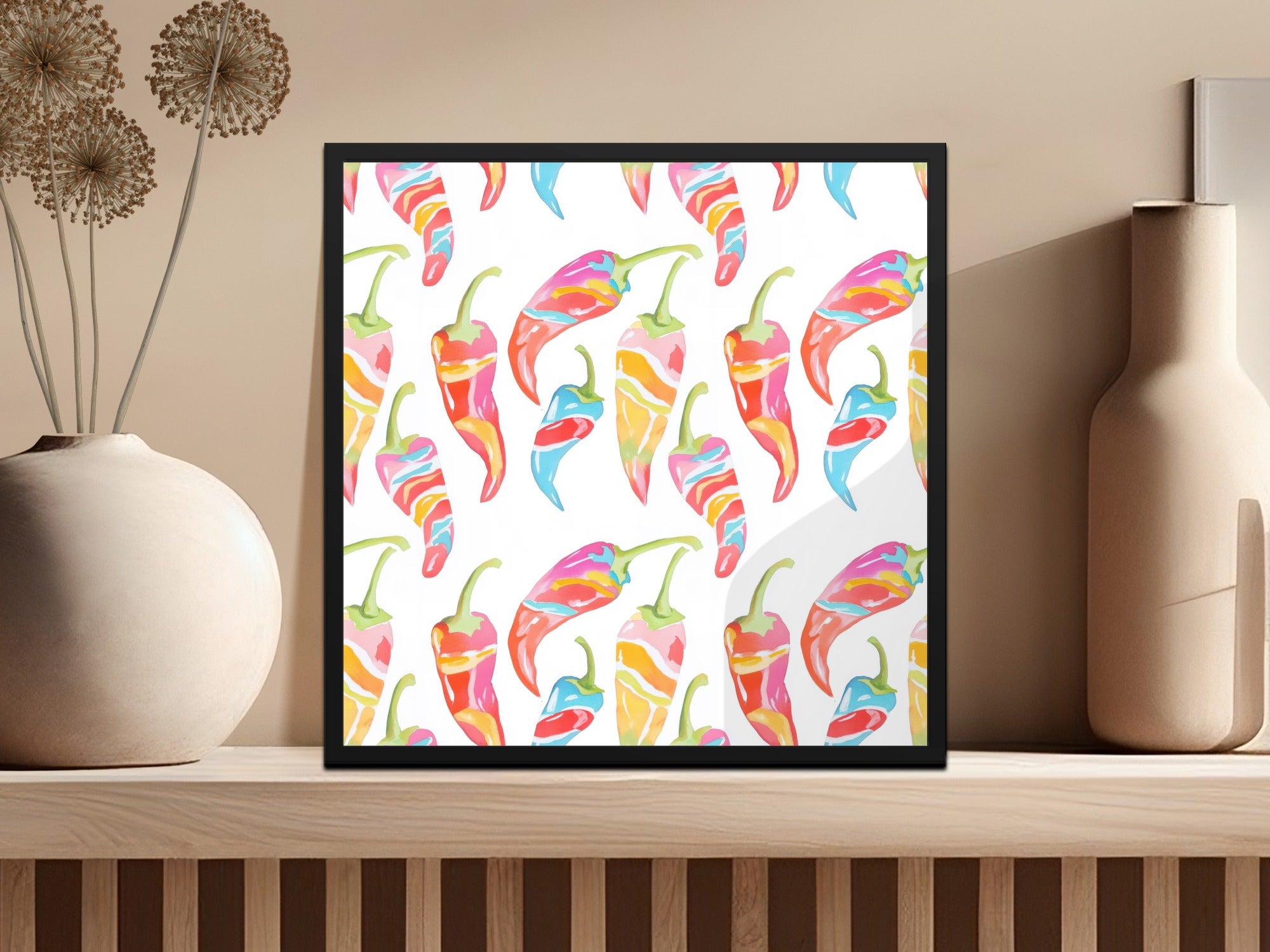 Colorful watercolor chili peppers pattern in a black frame.