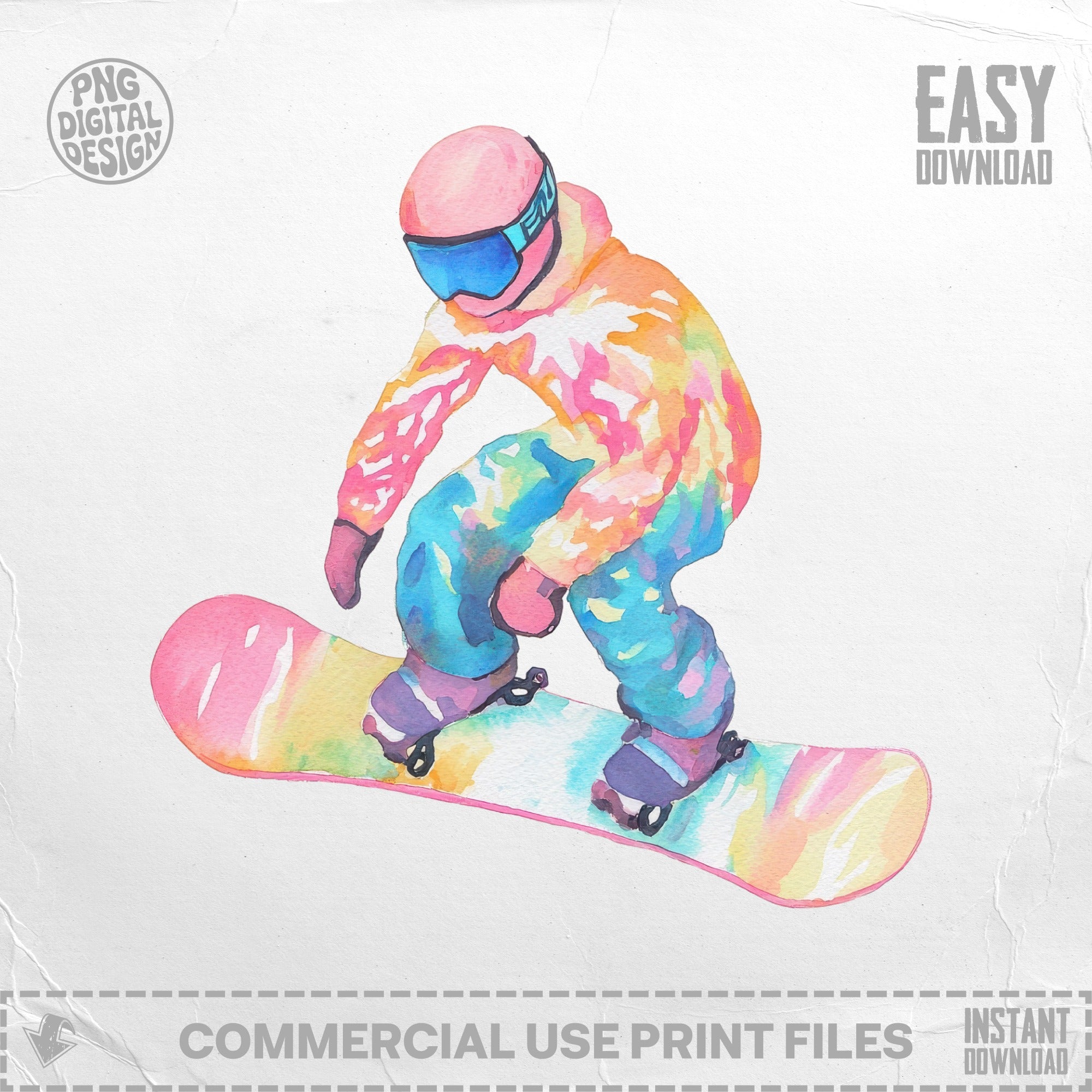Snowboarder with colorful jacket and tie-dye snowboard, in watercolor style.