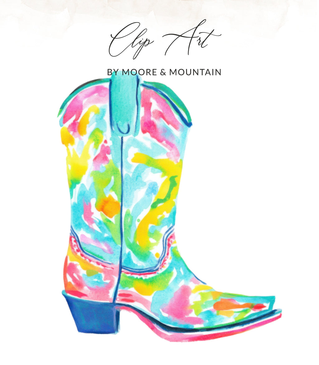 Watercolor cowboy boot with colorful abstract brushstrokes and "Clip Art" text.