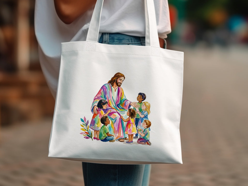 Jesus with colorful halo surrounded by diverse children.