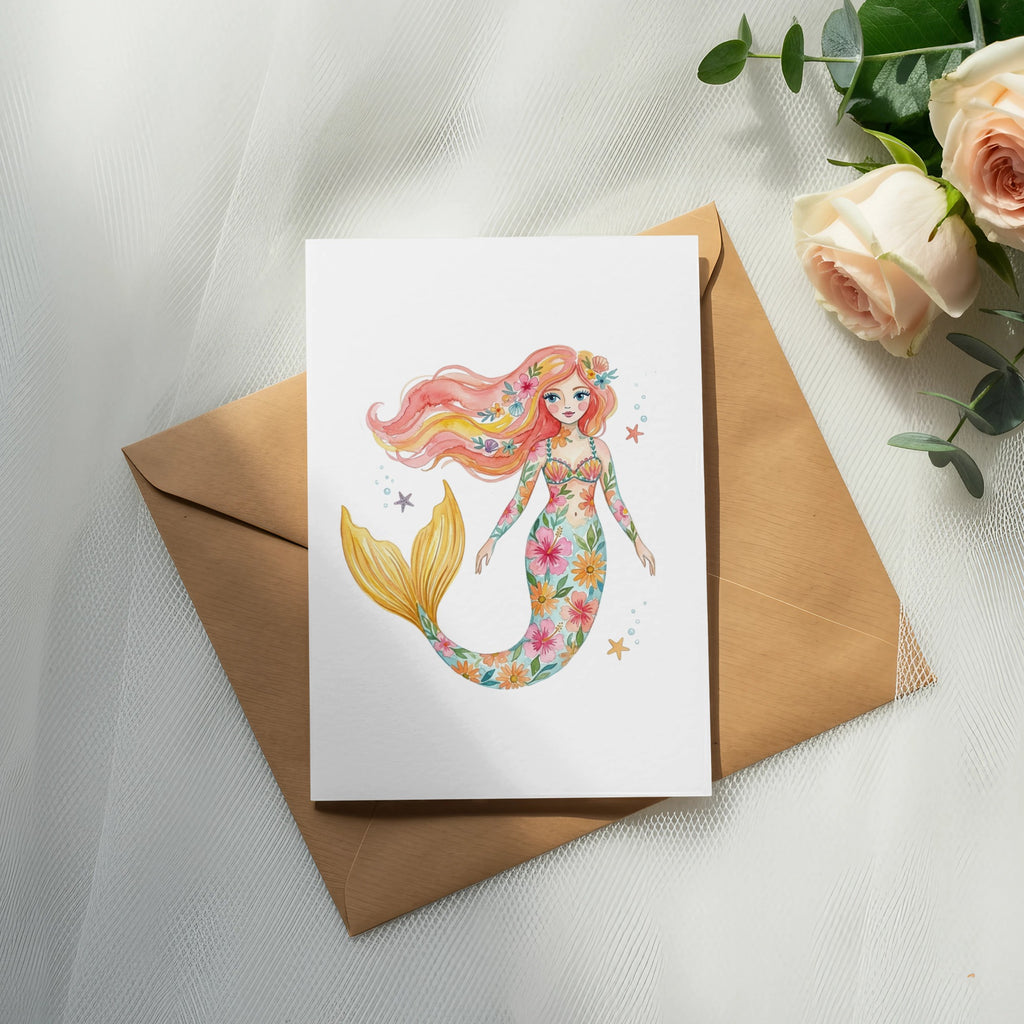 Watercolor mermaid with floral pattern on white card, on brown envelope.