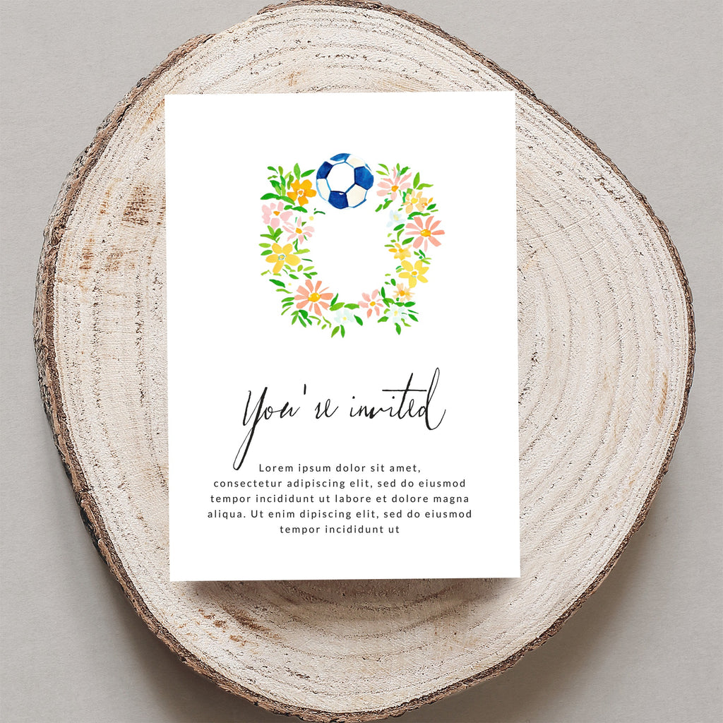 Floral soccer wreath invitation with "You're invited" text.