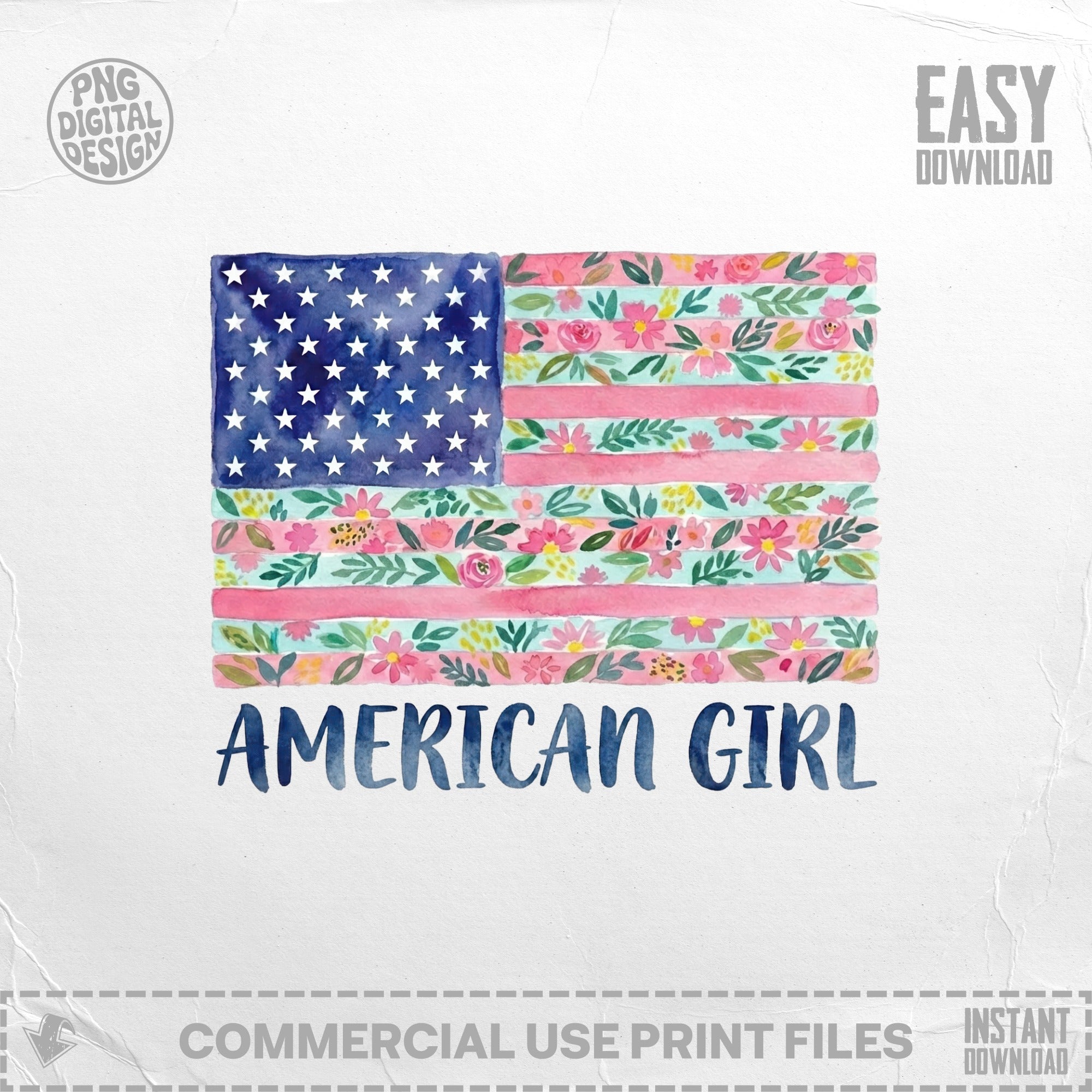 American flag design with floral pattern and "American Girl" text.