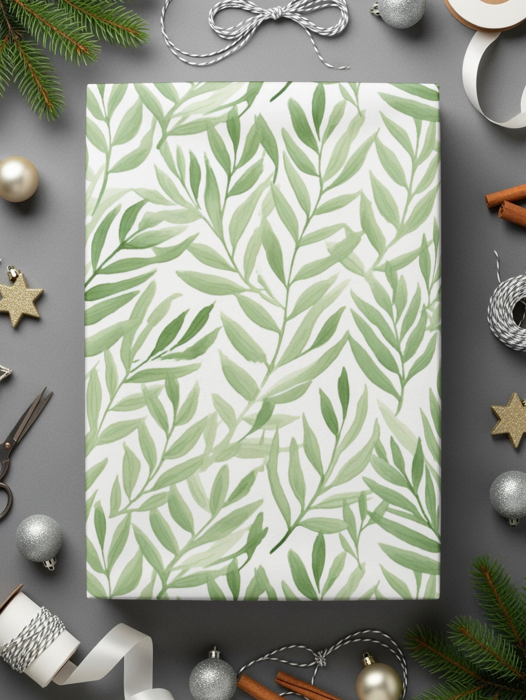 Green Leaves Patterned Gift Wrapping Paper Christmas