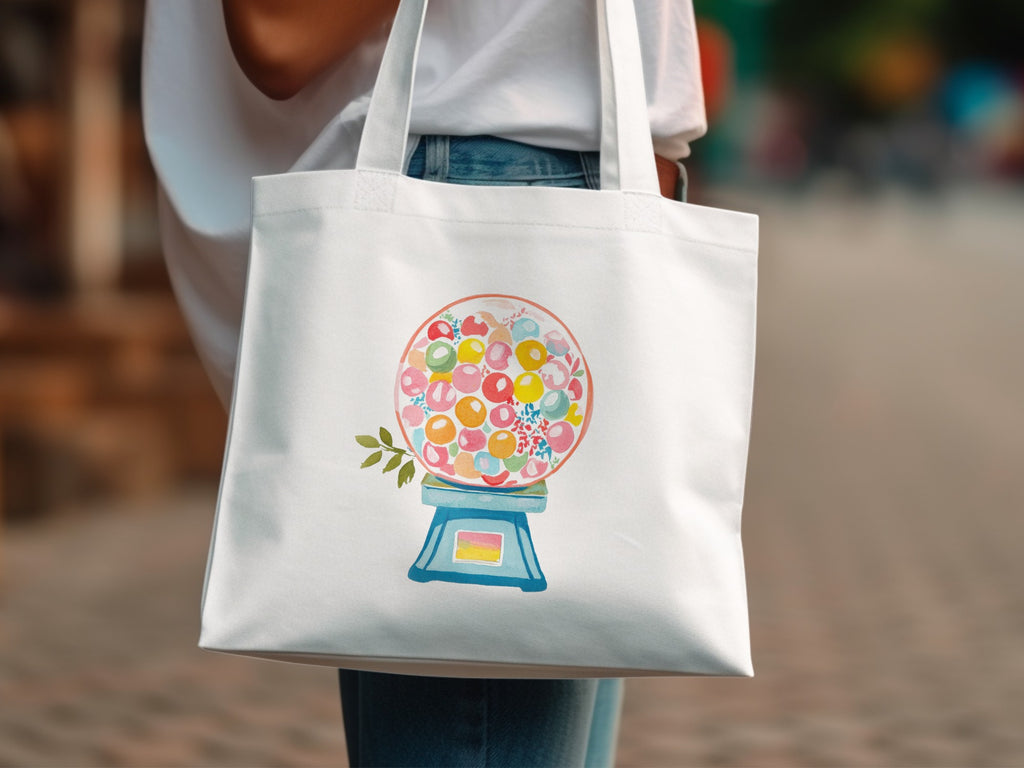 White canvas tote bag with watercolor gumball machine design.