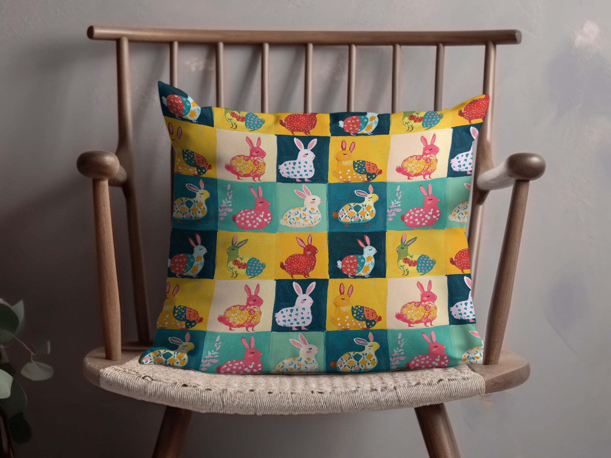 Colorful Bunny Design Throw Pillow for Living Room Decor