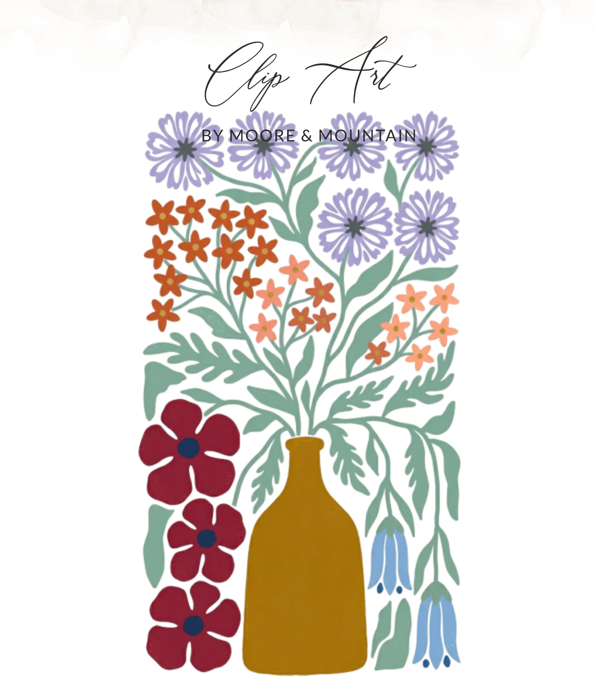 Yellow vase with colorful floral illustration, text "Clip Art by Moore & Mountain".