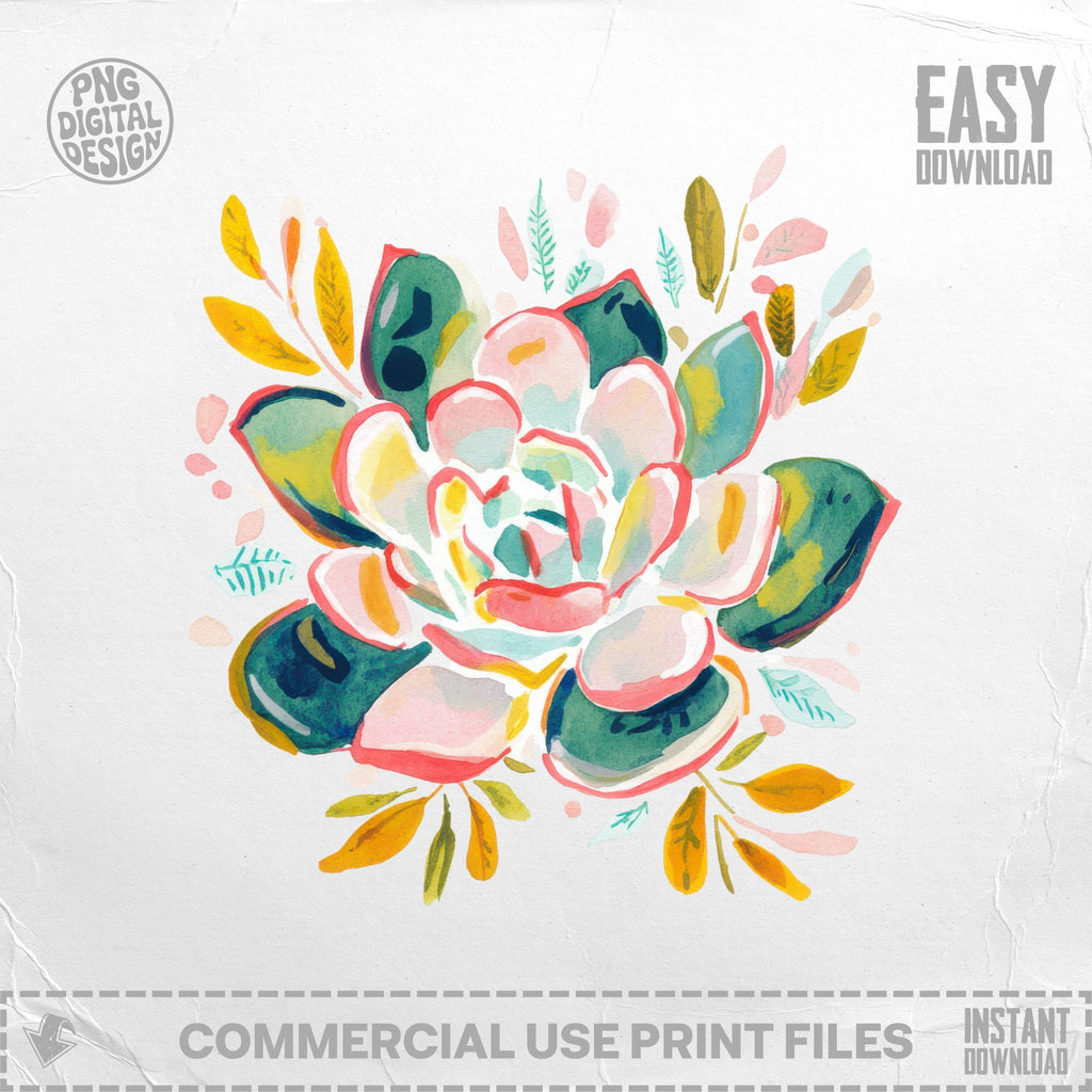 Watercolor succulent with pastel leaves and "EASY DOWNLOAD" text.
