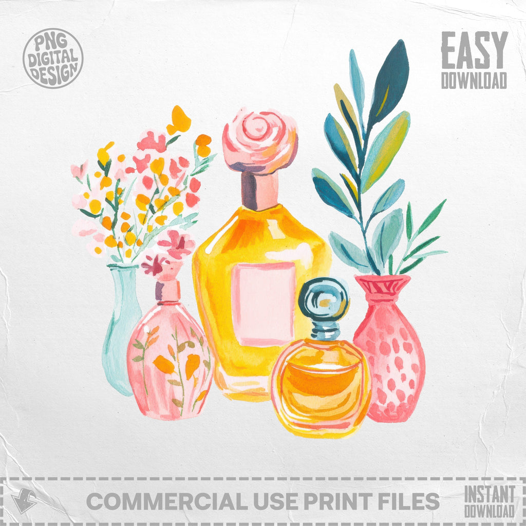 Watercolor bottles of perfume with floral accents and decorative vases.