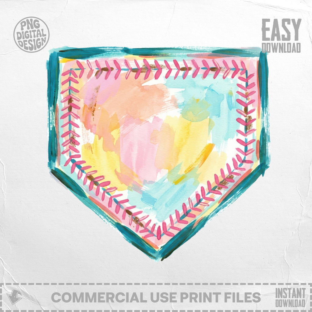 Watercolor baseball home plate with dashed lines and stitching.
