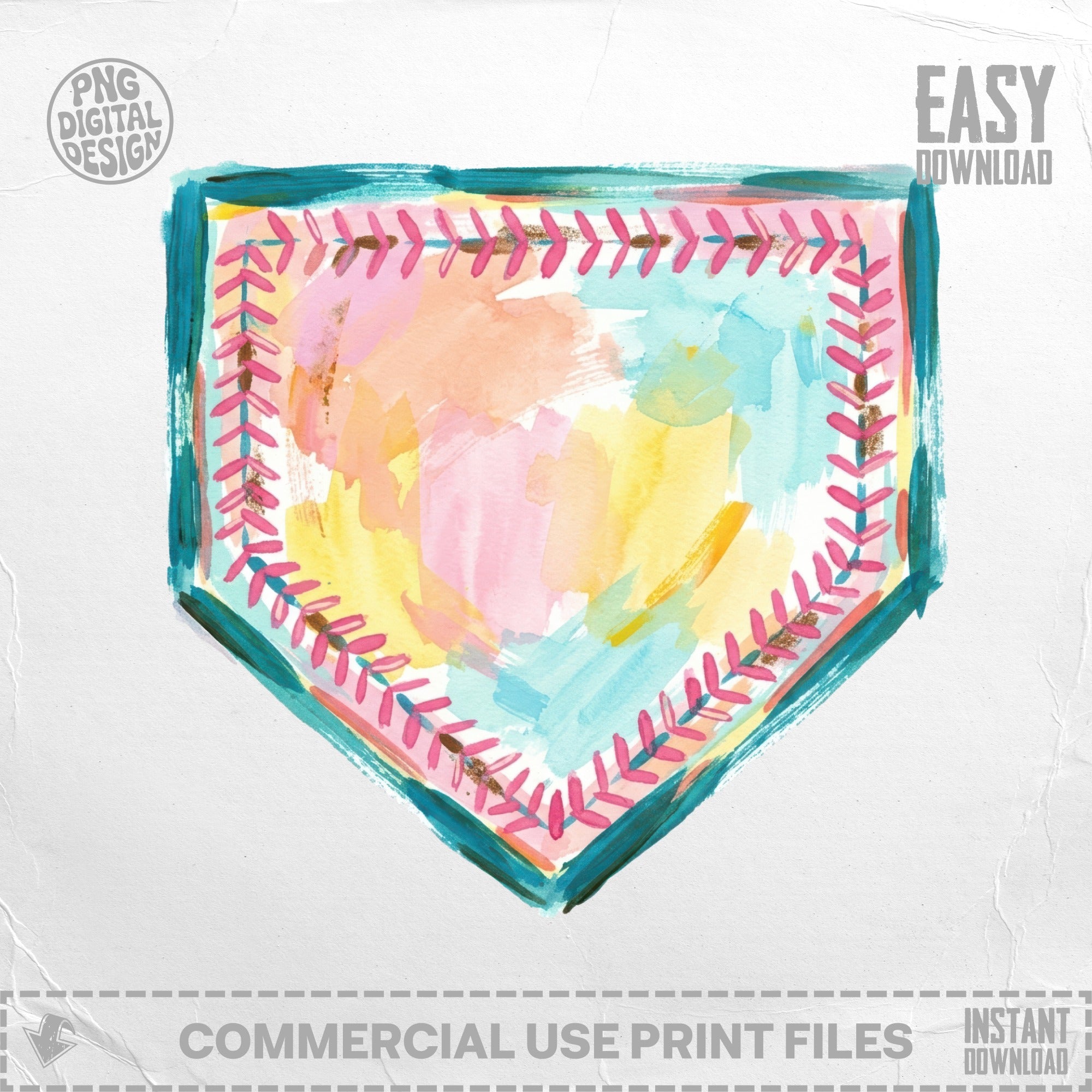 Watercolor baseball home plate with dashed lines and stitching.