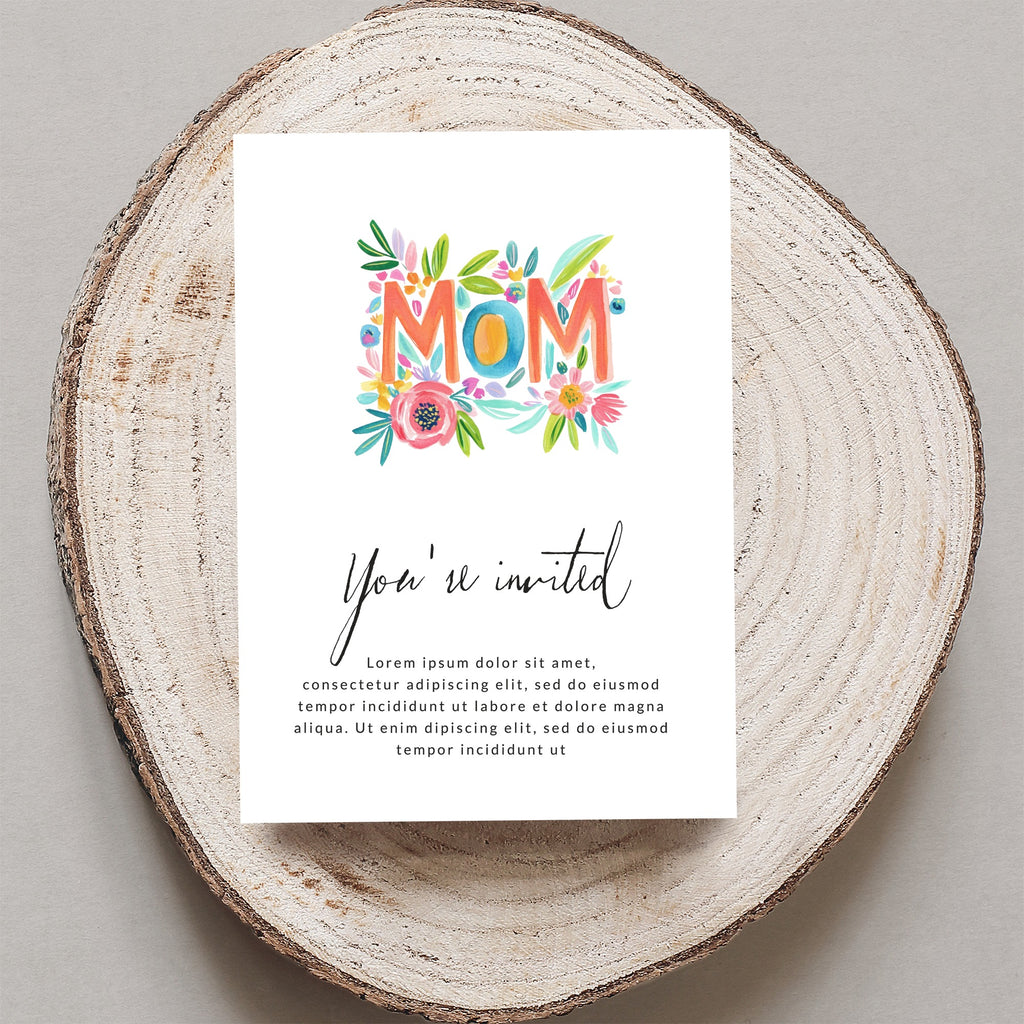Card with "MOM" in colorful letters, "You're invited" text, and placeholder lorem ipsum.
