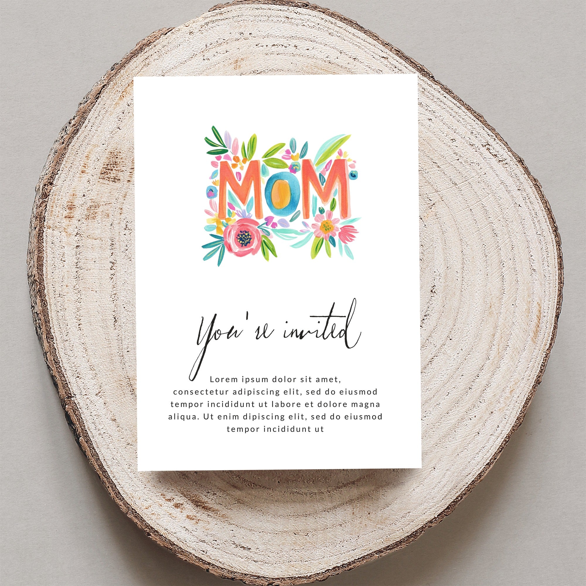 Card with "MOM" in colorful letters, "You're invited" text, and placeholder lorem ipsum.