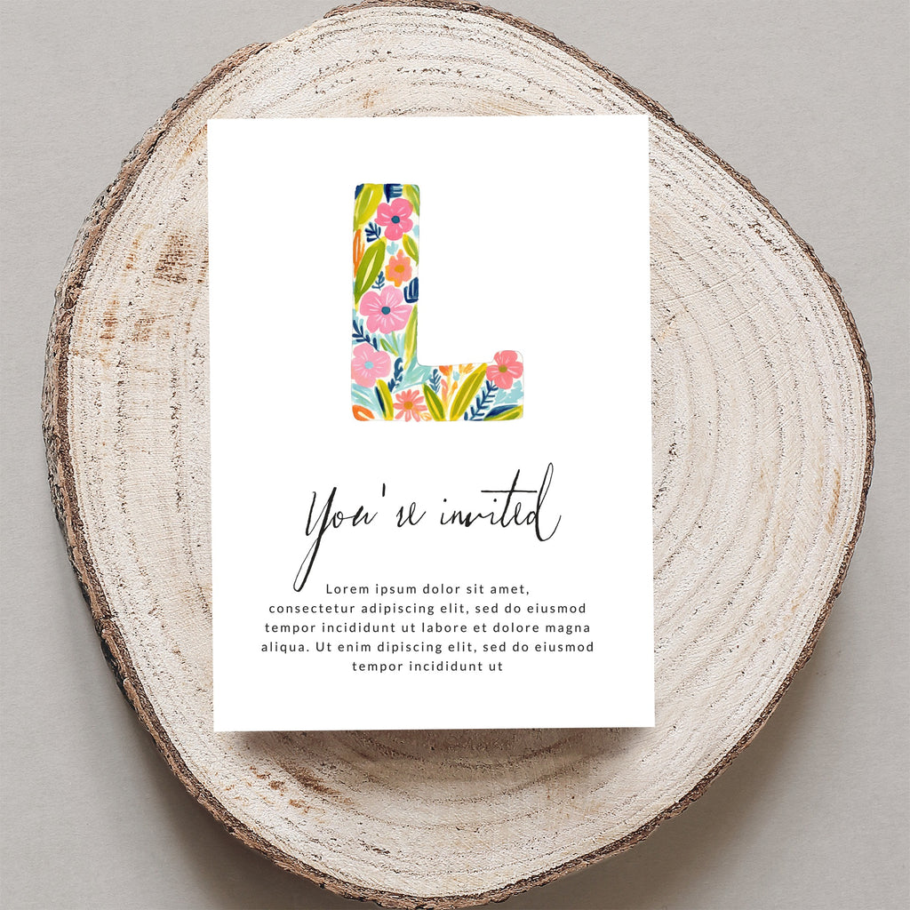 Invitation card with large floral letter L, "You're invited" text, and placeholder copy.
