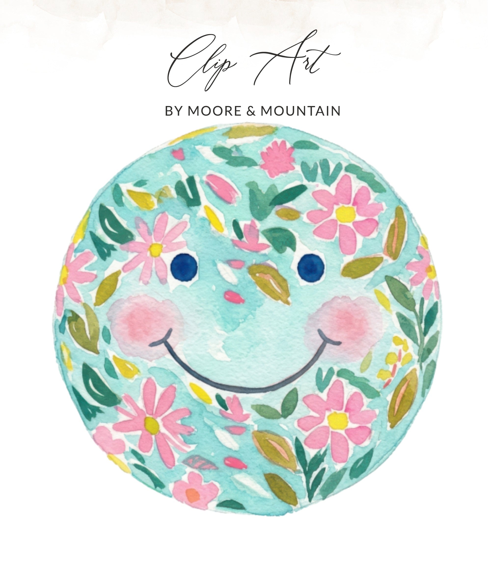 Watercolor smiley face with floral pattern and "Clip Art by Moore & Mountain" text.