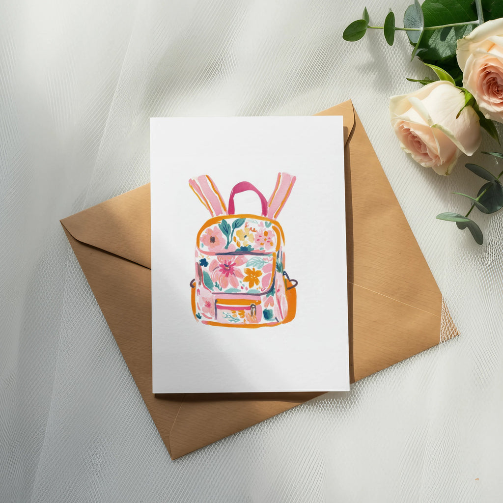 Floral backpack illustration on a card with roses and greenery.