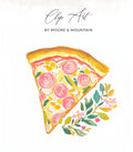 Watercolor slice of pizza with floral accents and text "Clip Art by Moore & Mountain".