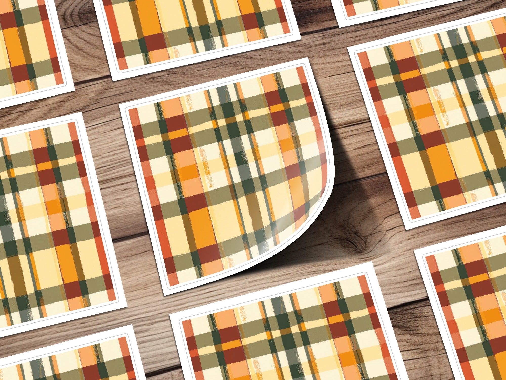 Autumn Plaid Checkerboard Pattern Square Sticker Set